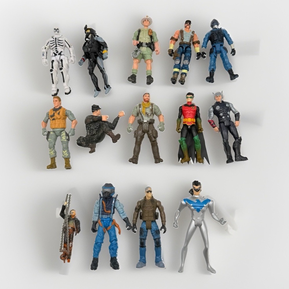 Mixed Lot of 14 Action Figures DC GI Joe Batman Robin Thor 4" Toys
